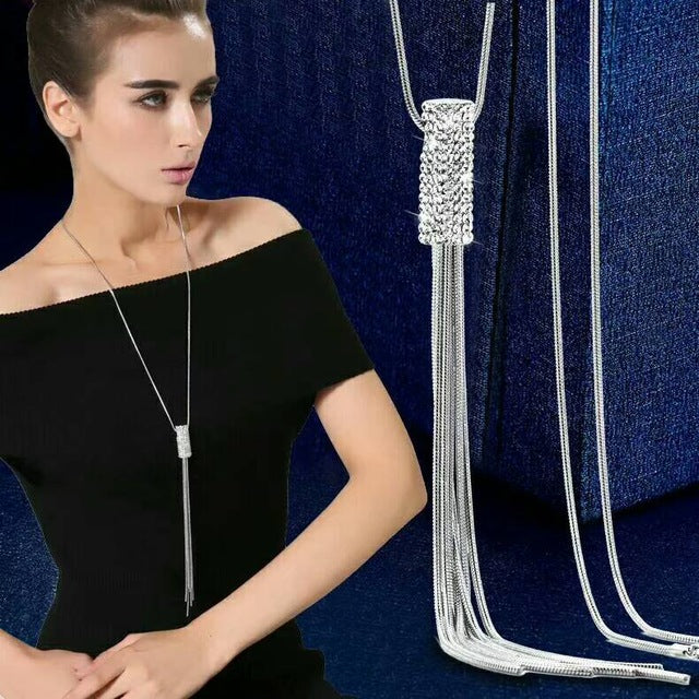 Rhinestone Statement Tassel Long Necklace Women Pendants